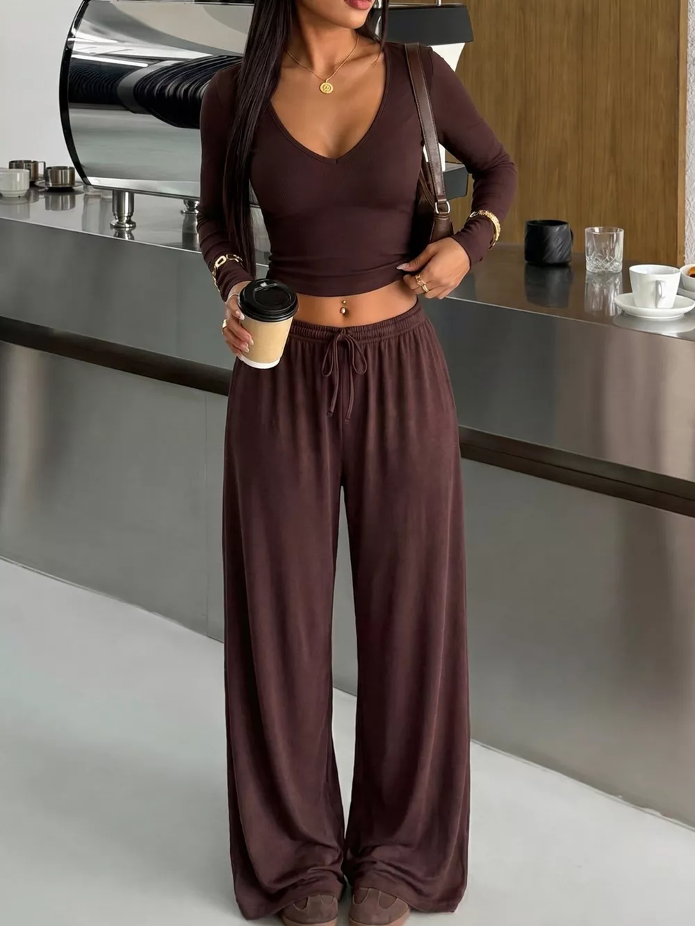 V-Neck Long Sleeve Top and Wide-Leg Pants Set, image 3