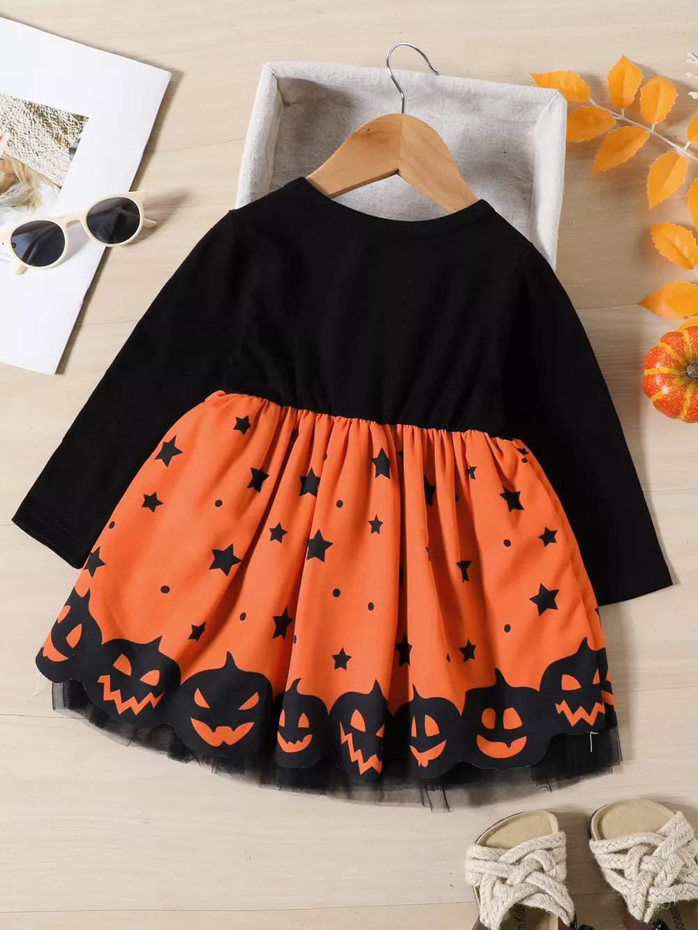 Children's Halloween Pumpkin Print Bowknot Long Sleeve Dress, image 5