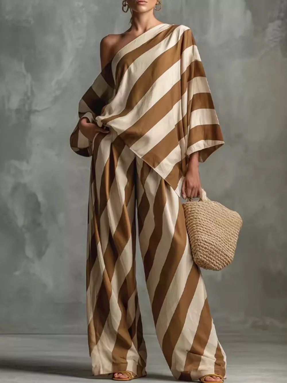Full Size One-Shoulder Striped Top and Wide-Leg Pants Set Plus Size, image 3