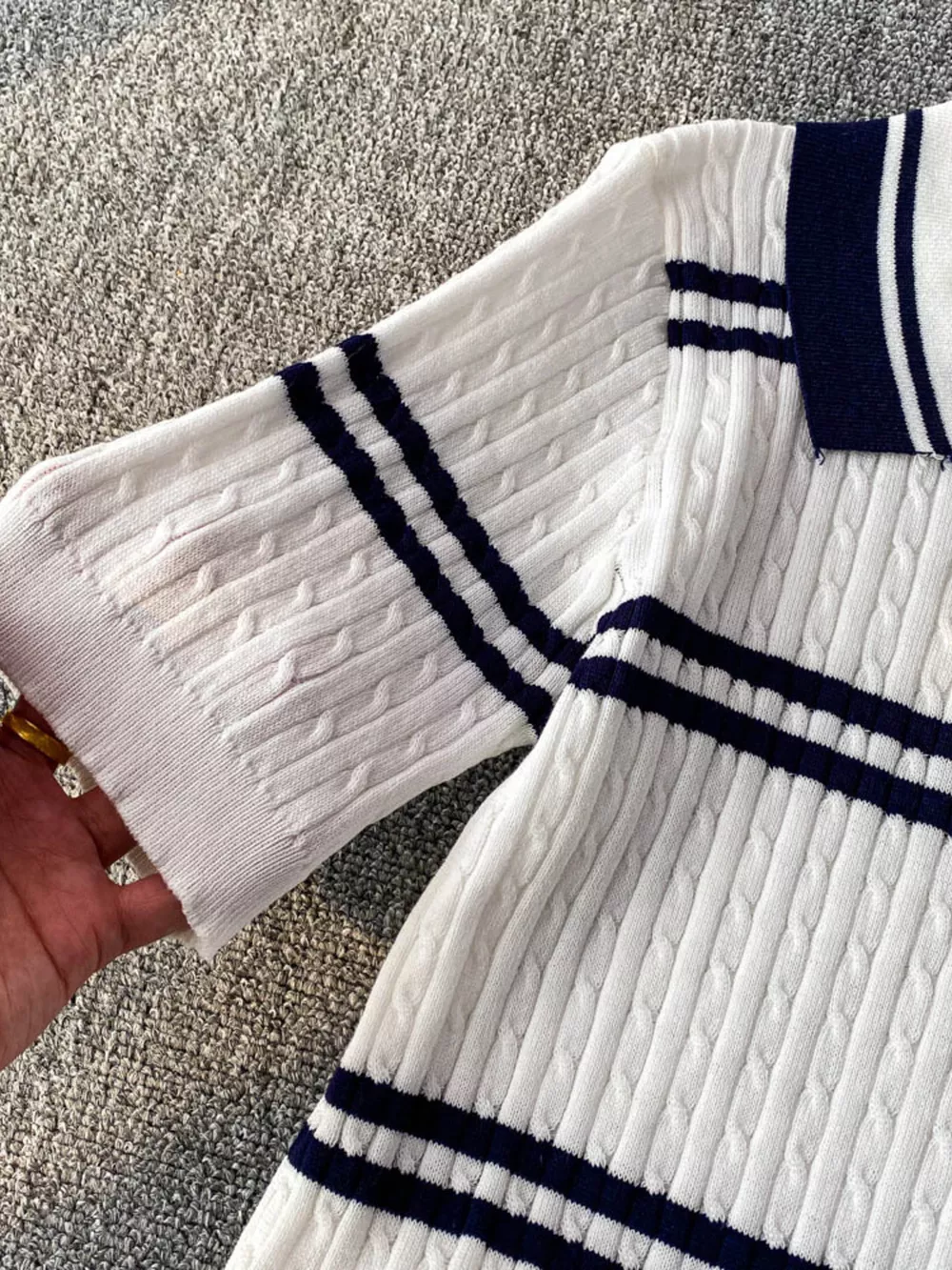 Striped Knit Polo Collar Top, image 8