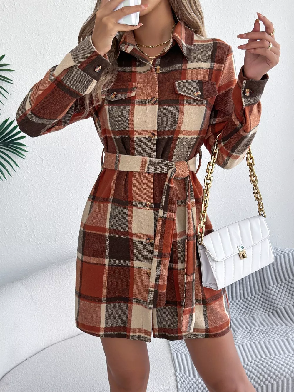Plaid Button Front Tie Waist Shirt Dress, image 17