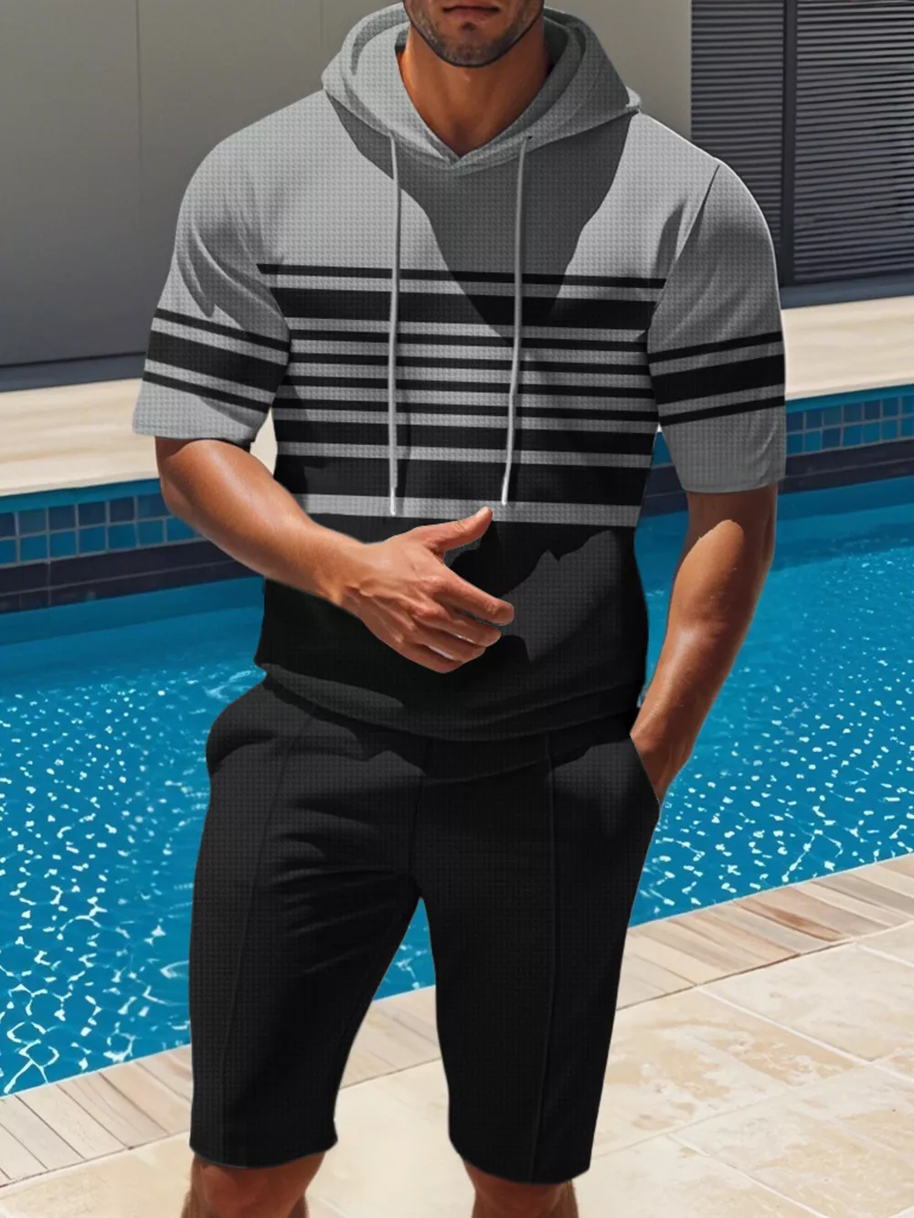 Men's Full Size Striped Short Sleeve Hoodie and Shorts Set Plus Size, image 2