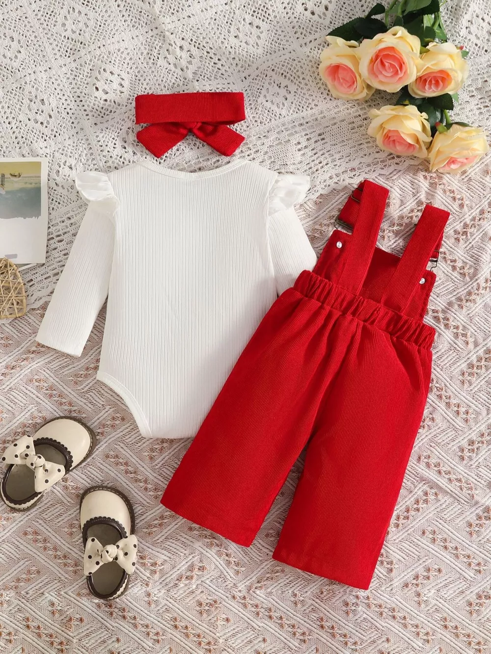 Children's Ribbed Bodysuit and Bow-Embroidered Overall Set with Headband, image 10