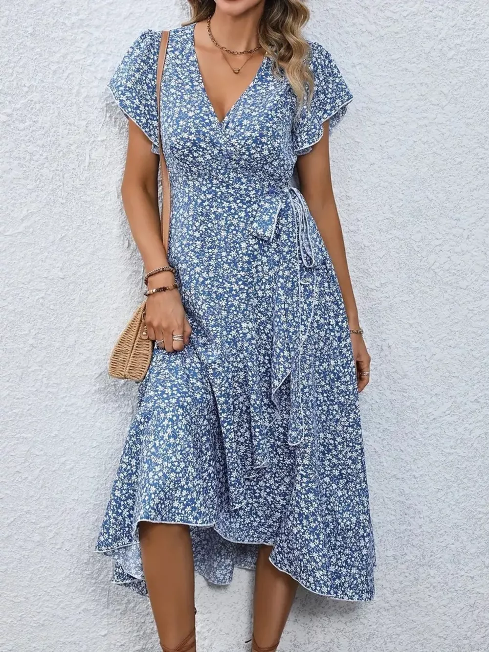 Floral Print Ruffle Hem Wrap Midi Dress, image 17