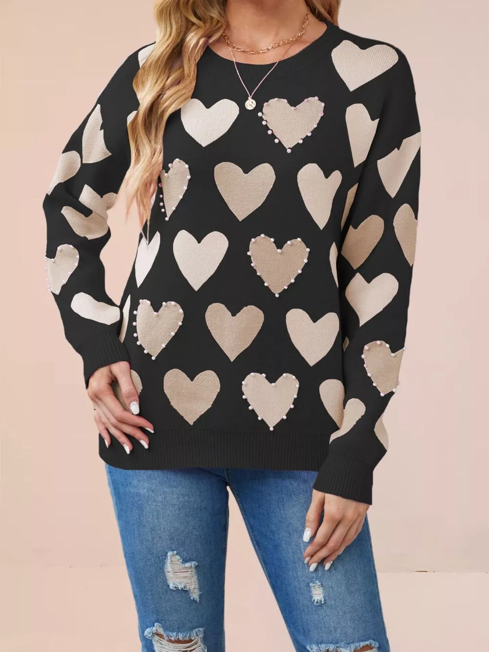 Heart Pattern Pearl Embellishments Sweater, image 5
