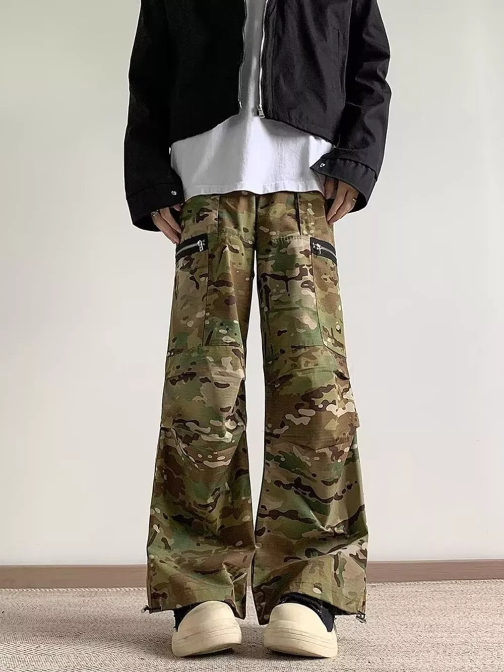 Men's Full Size Camo Wide Leg Cargo Pants with Zipper Pockets Plus Size