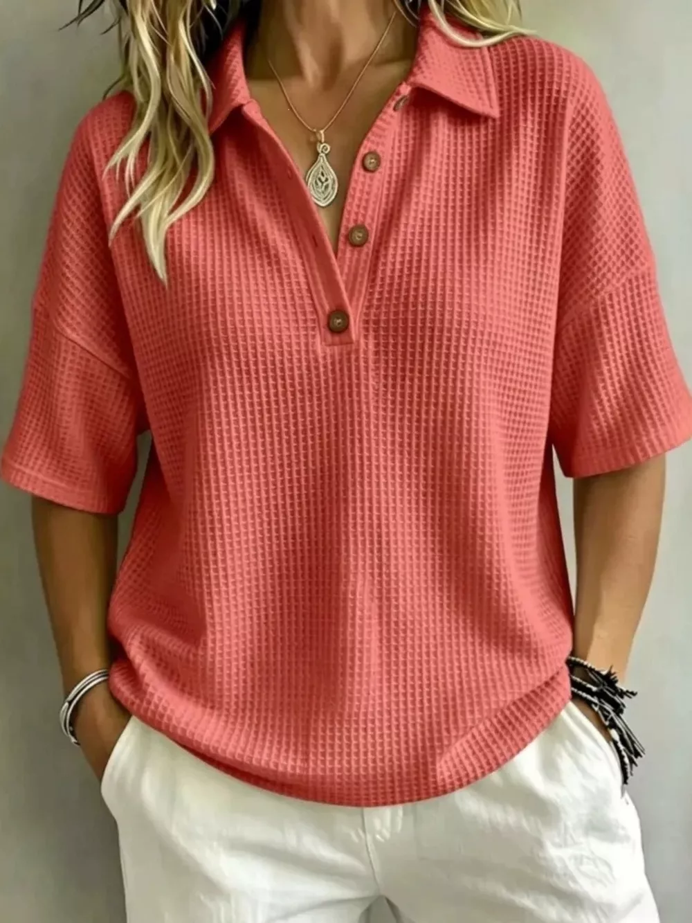 Full Size Waffle Knit Polo Top with Button Detail Plus Size, image 10