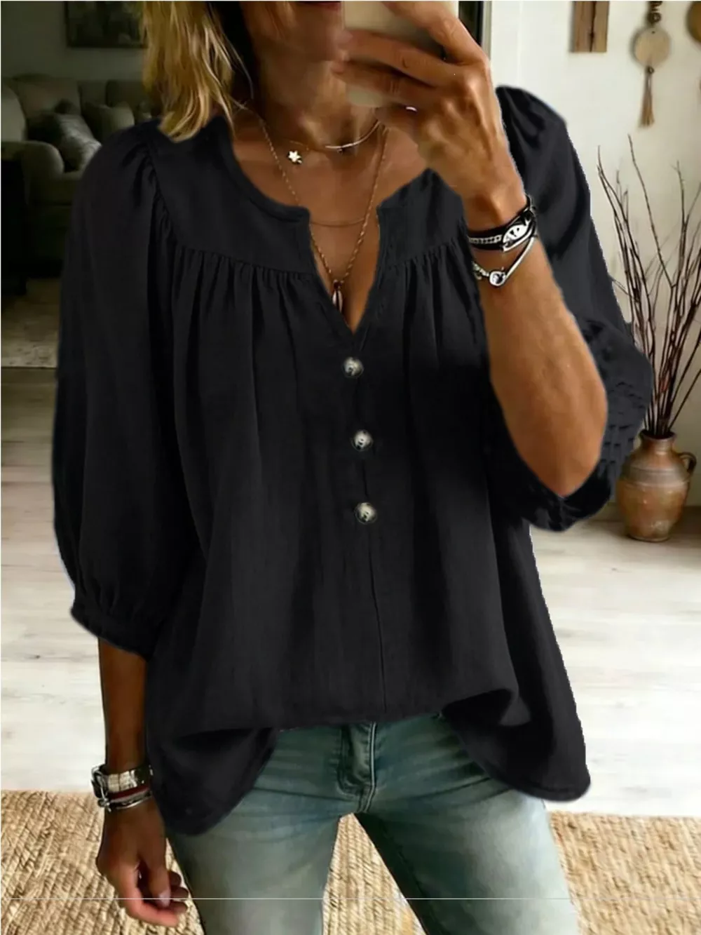 Full Size Notched 3/4 Sleeve Blouse Plus Size, image 7