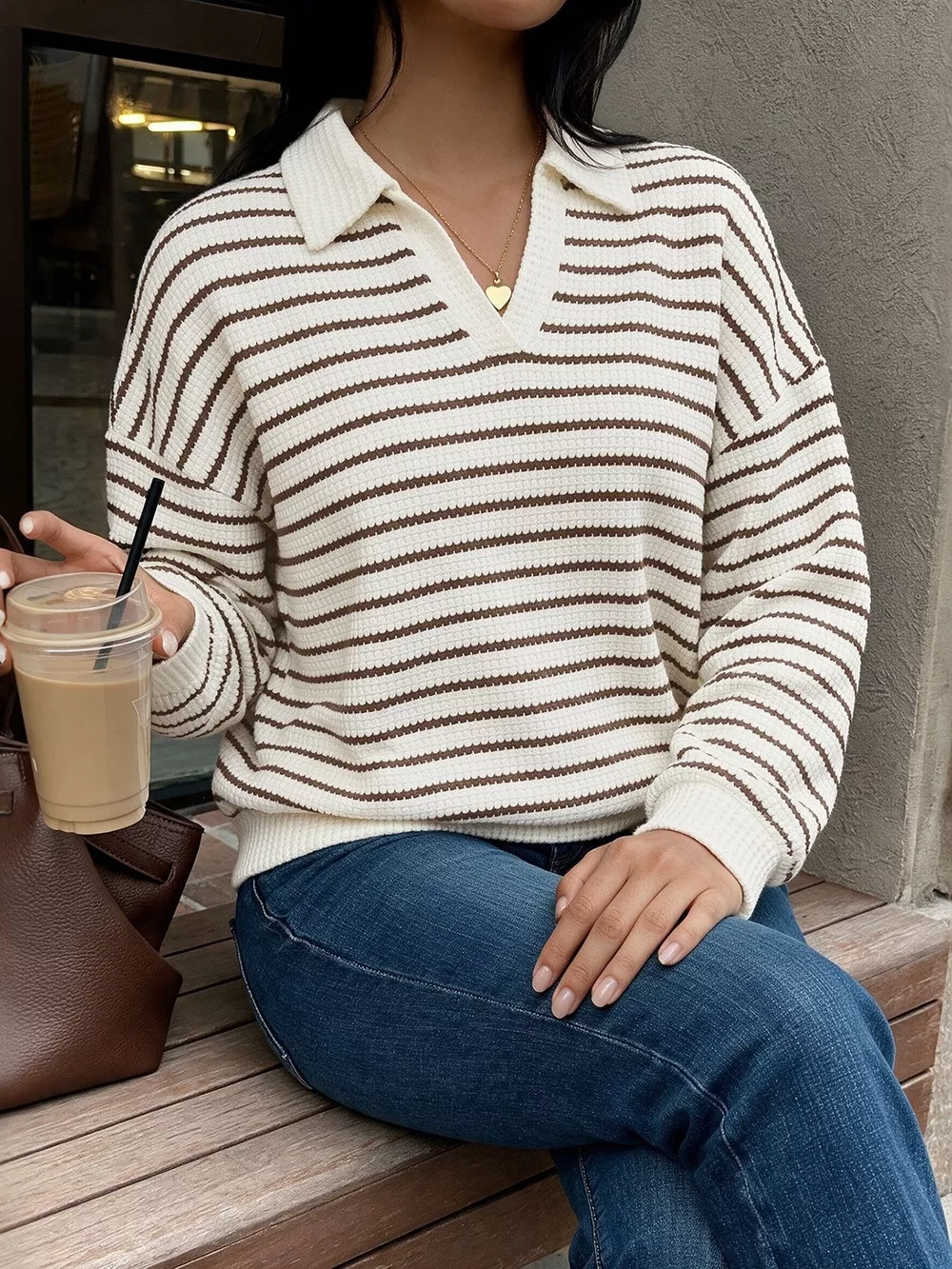 Striped Polo Collar Knit Sweatshirt, image 3