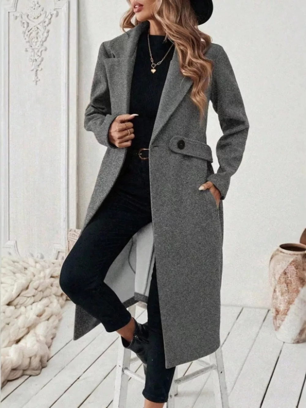 Full Size Elegant Lapel Collar Belted Coat with Pockets Plus Size, image 3