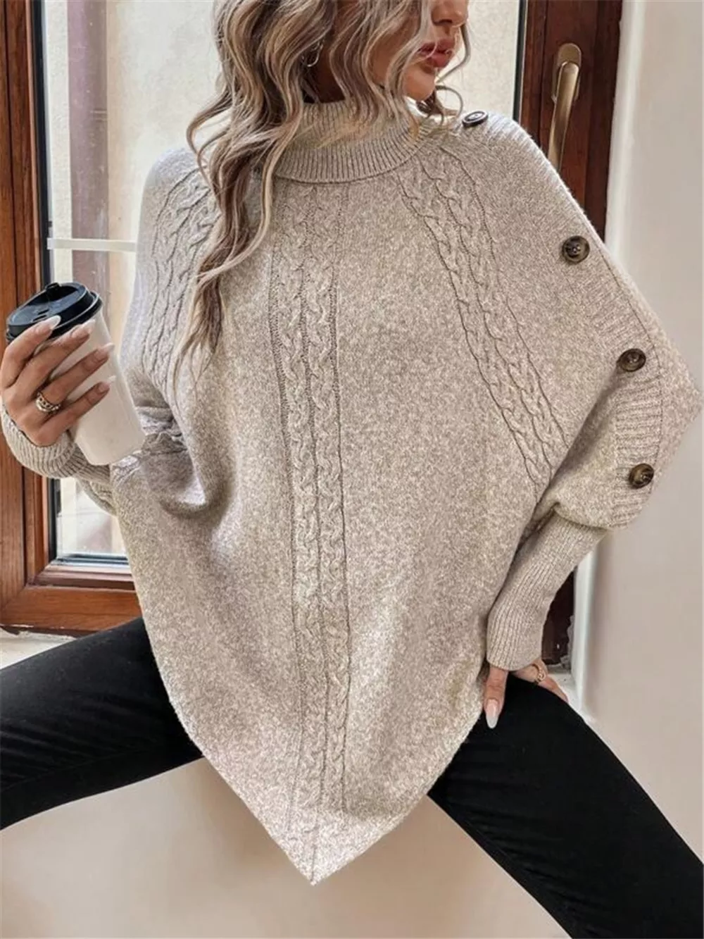 Cable Knit Turtleneck Cape Sweater, image 22