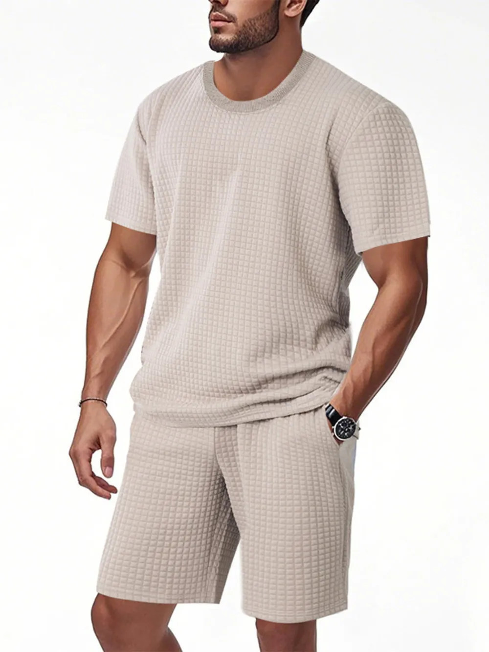 Men's Full Size Textured Round Neck Top and Shorts Set Plus SIze, image 12