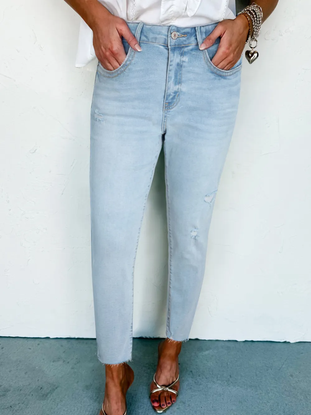 Mid Rise Ankle-Length Distressed Skinny Jeans