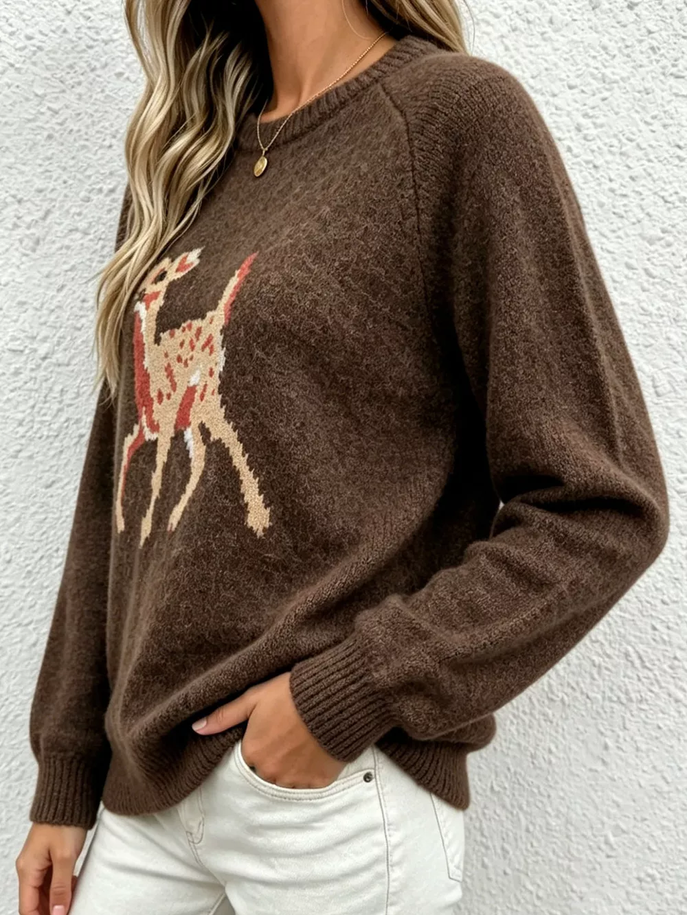Deer Pattern Raglan Sleeve Sweater, image 6