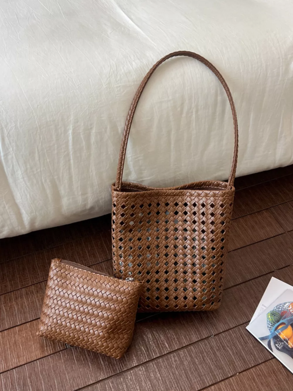 Woven Leather Handbag with Matching Pouch, image 3