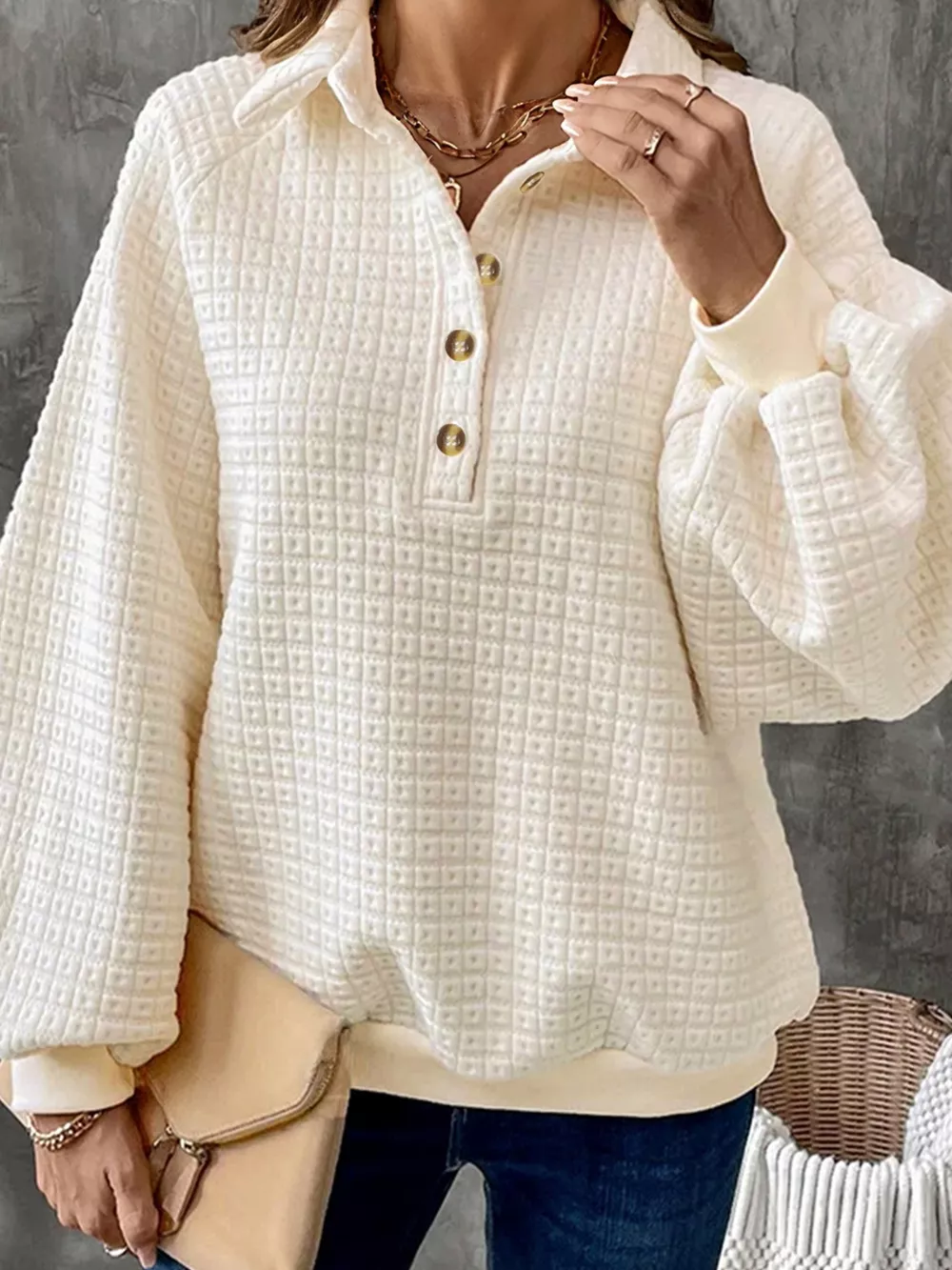 Textured Half Button Collared Sweatshirt