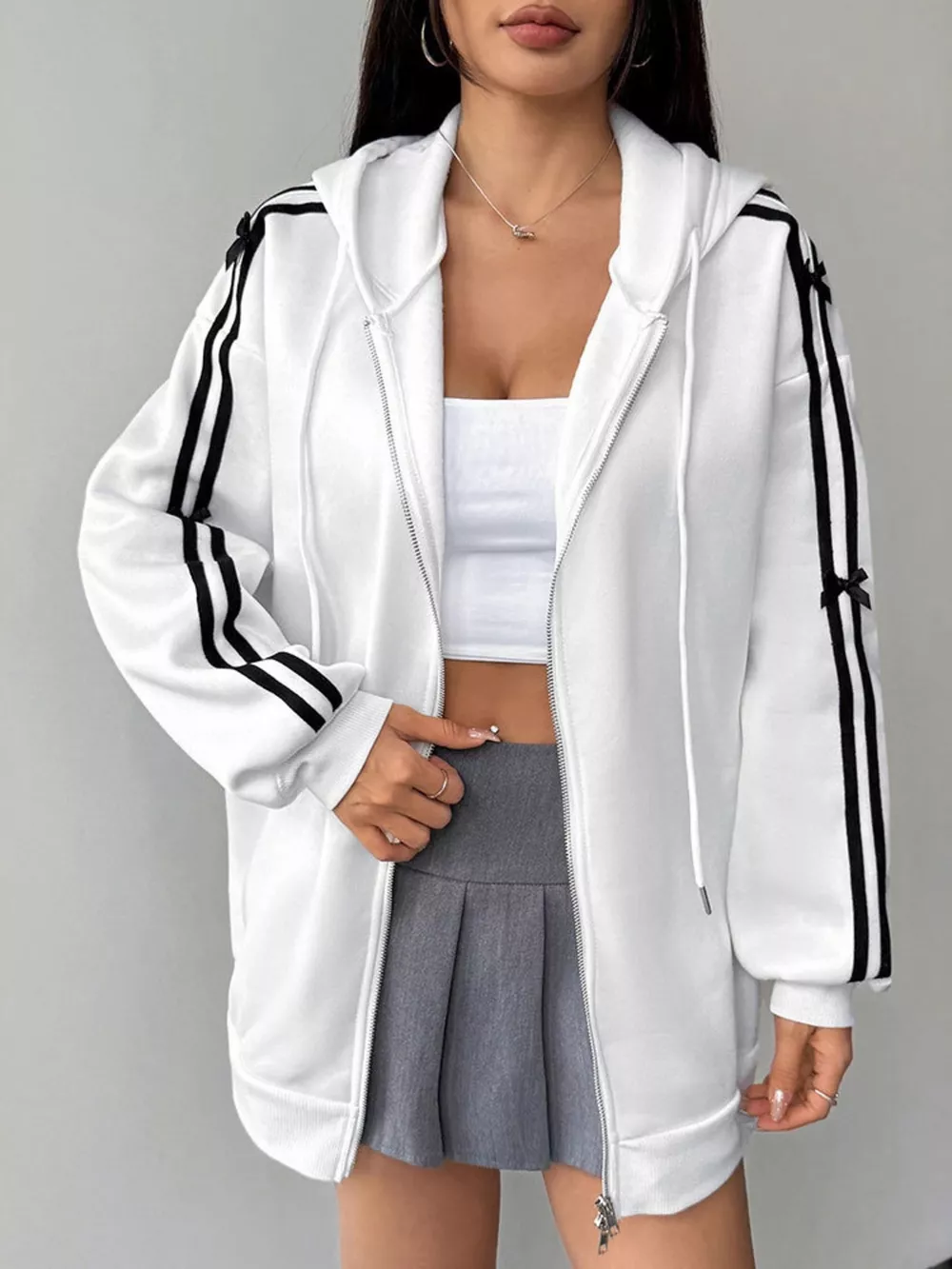 Striped Sleeve Zip-Up Drawstring Hoodie, image 14
