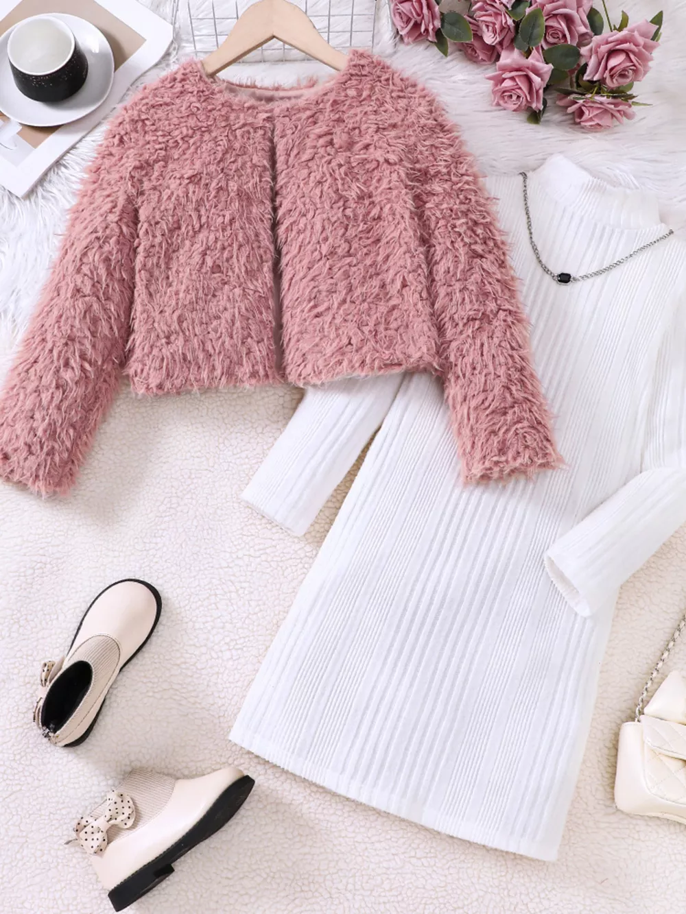 Children's Faux Fur Jacket & Ribbed Dress Set, image 2