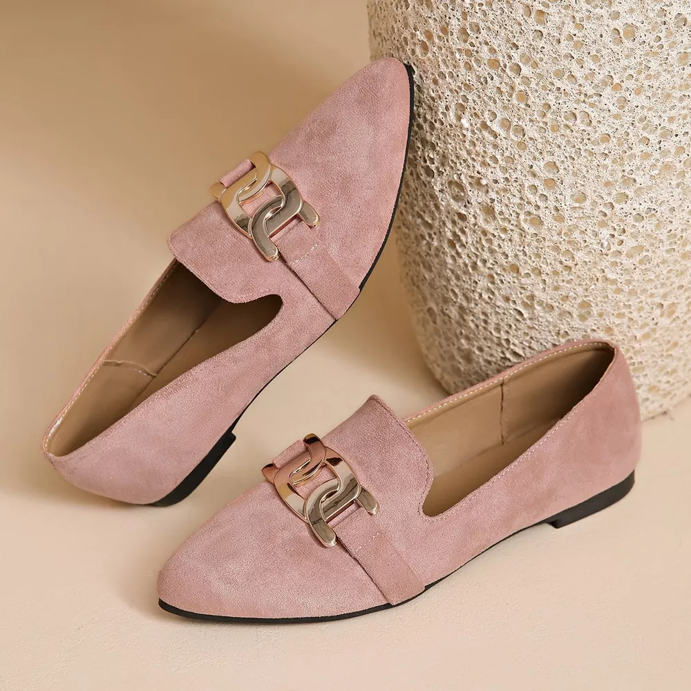 Pointed-Toe Suede Loafers with Metallic Chain Detail, image 12