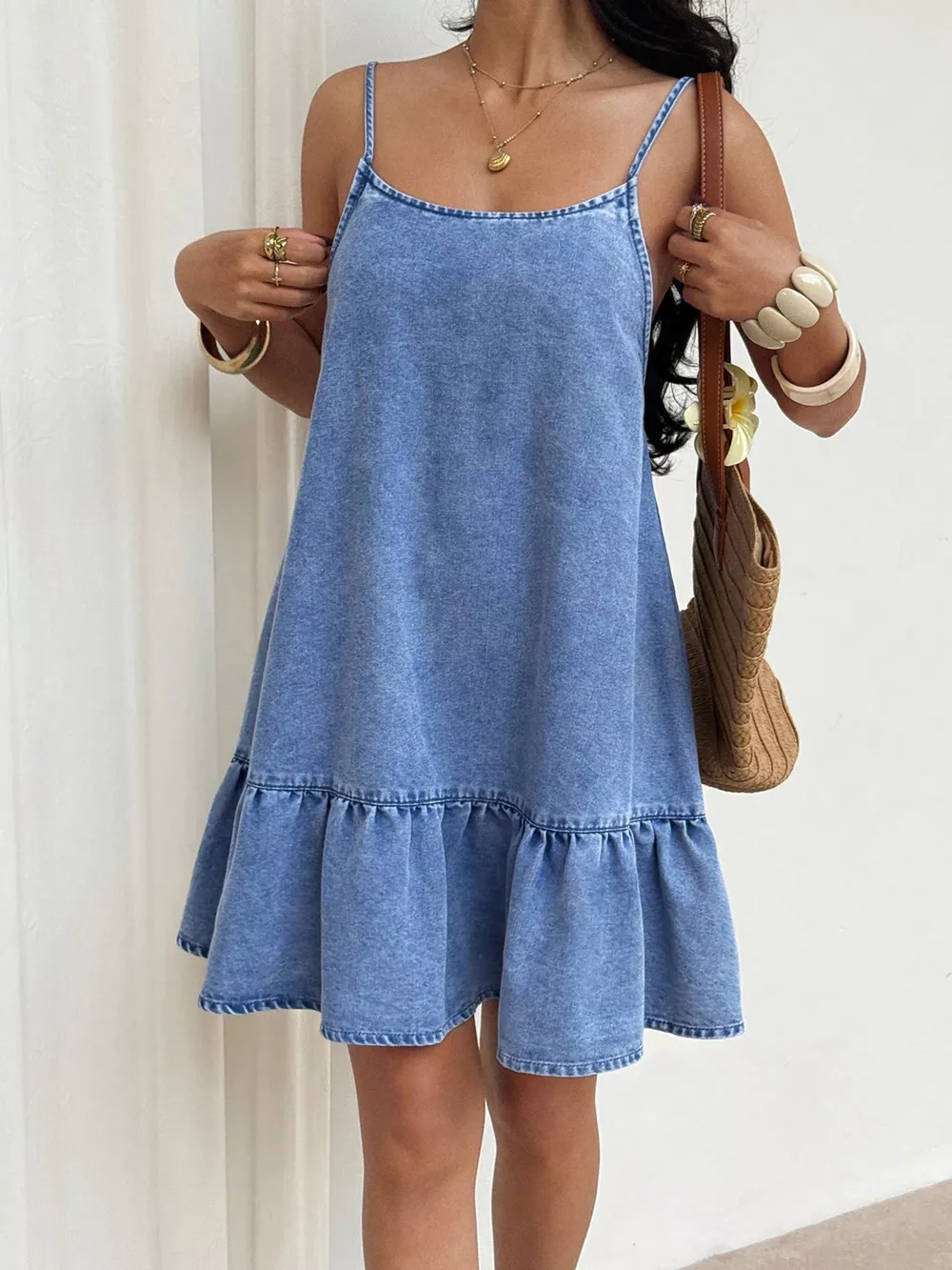 Casual Spaghetti Strap Ruffle Hem Denim Dress, image 3