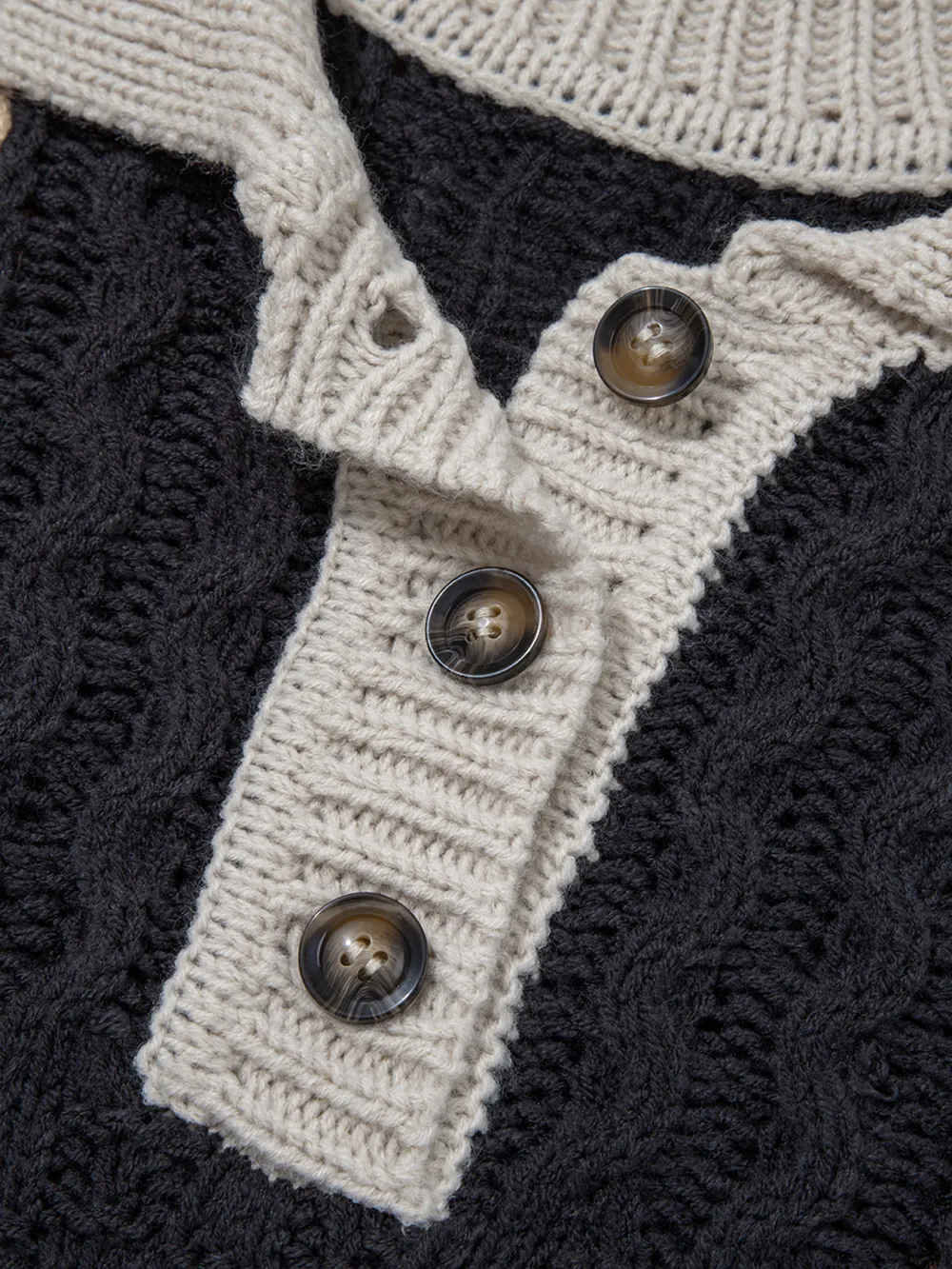 Multicolour Color Block Cable Knit Sleeve Buttons Collared Sweater, image 9