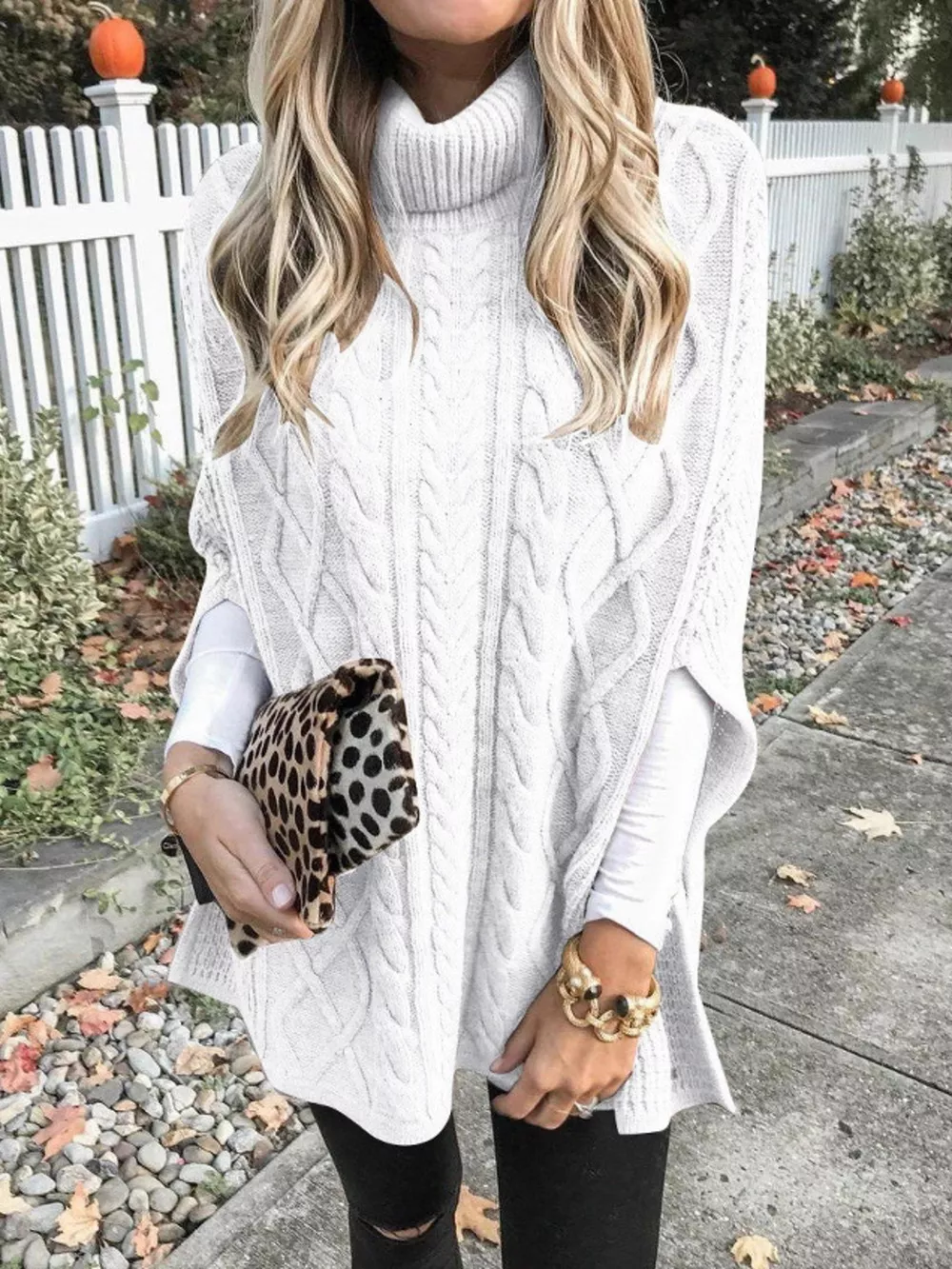 Chunky Cable Knit Turtleneck Poncho Cover Up, image 19