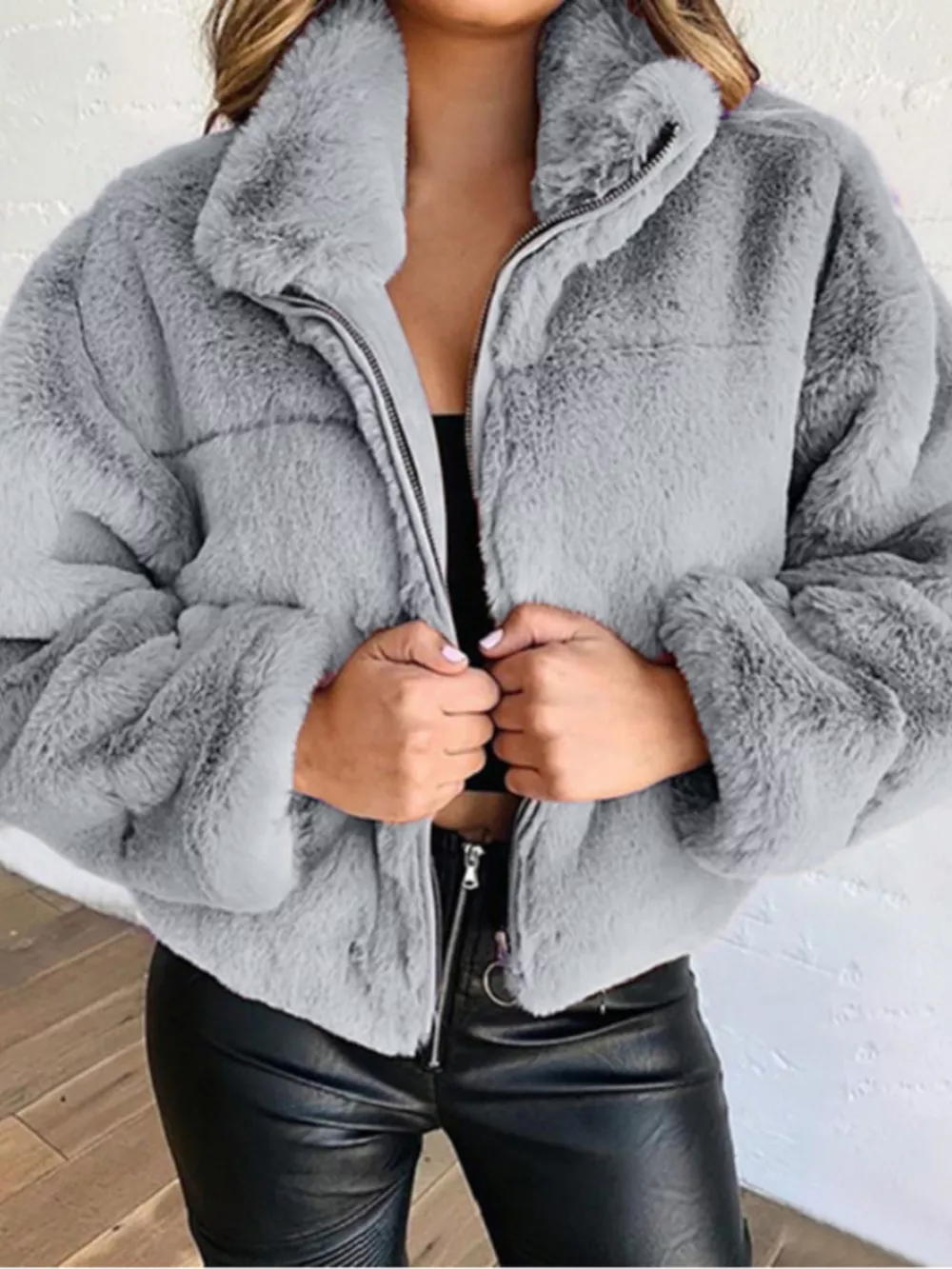 Full Size Faux Fur Cropped Zip-Up Jacket Plus Size, image 16