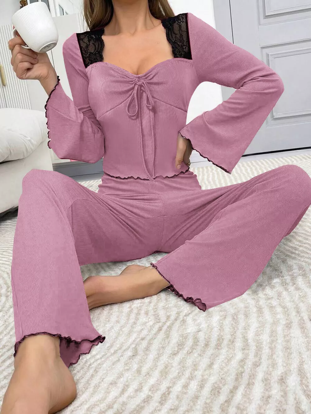 Lace Detail Flare Sleeves Top and Pants Lounge Set, image 3