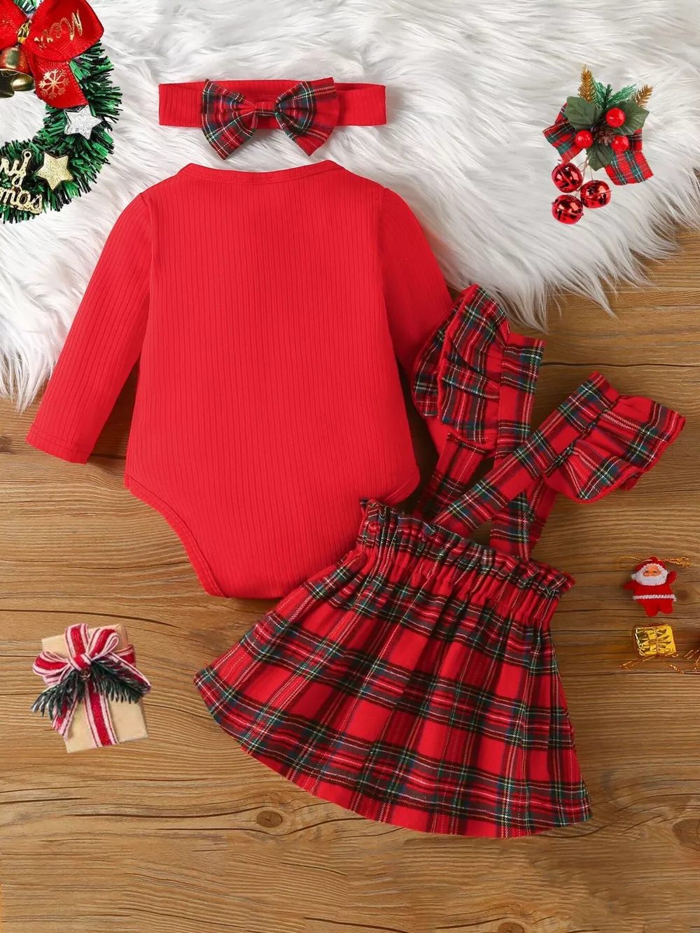 Children's First Christmas Bodysuit and Plaid Dress Outfit Set with Headband, image 2