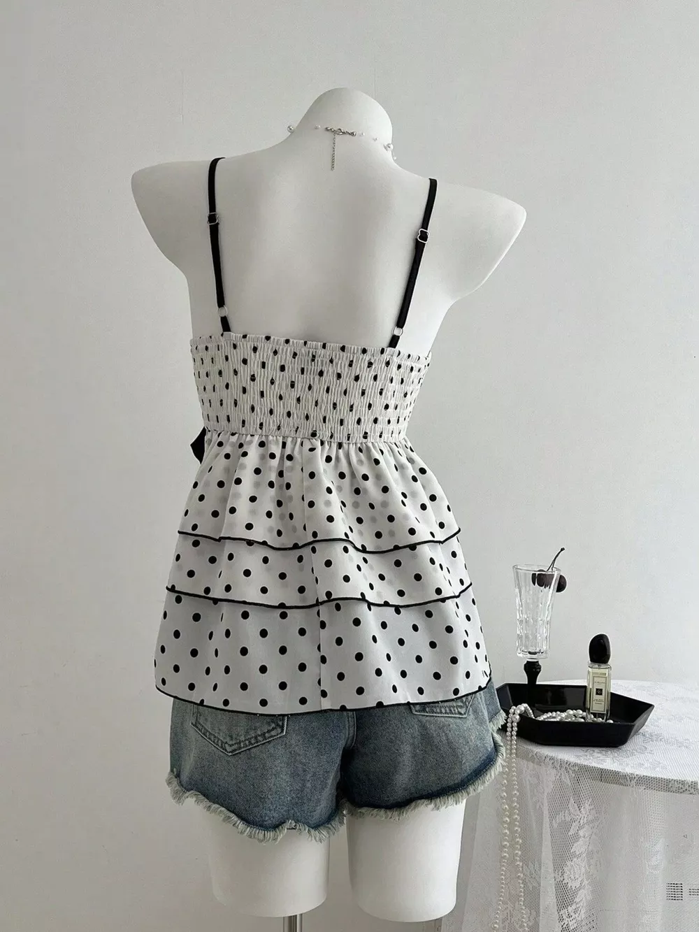Polka Dot Ruffle Hem Cami with Lace Trim, image 4