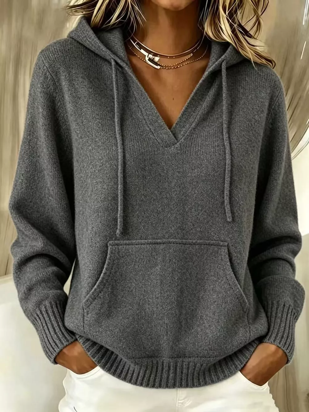 Drawstring Kangaroo Pocket Hooded Sweater, image 7