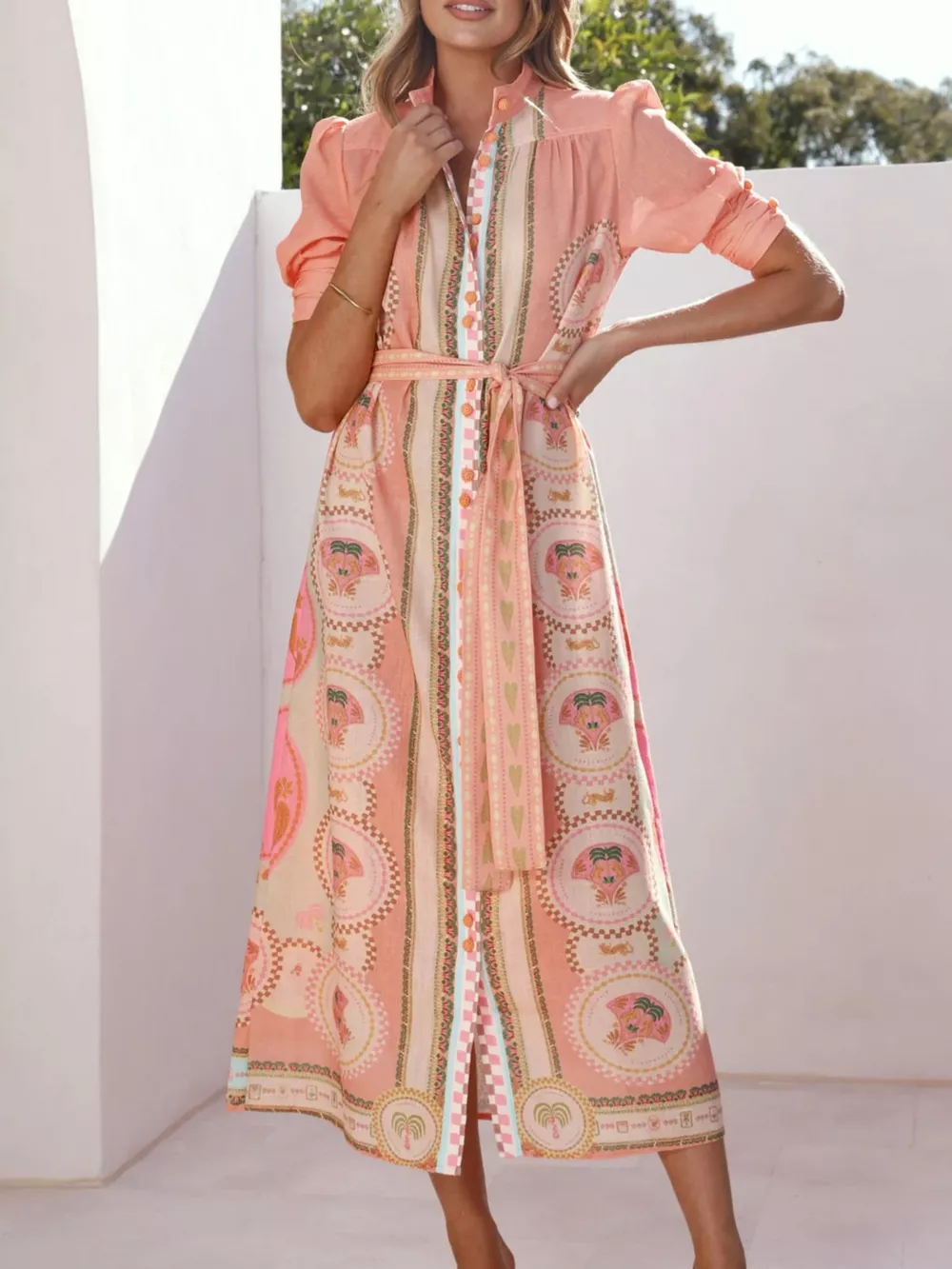 Printed Puff Sleeve Tie Waist Midi Dress, image 14