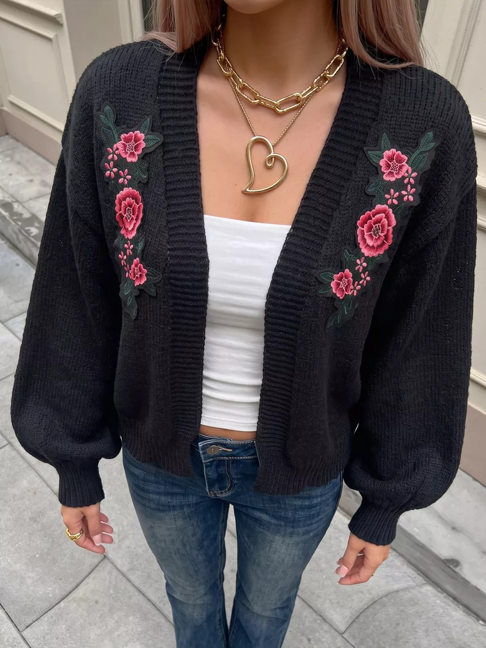 Floral Embroidered Applique Knit Cardigan, image 2