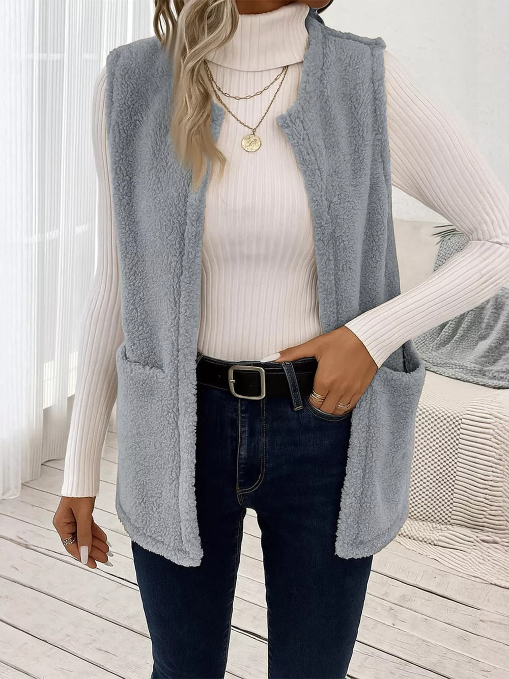 Sleeveless Fuzzy Fleece Vest Coat, image 8