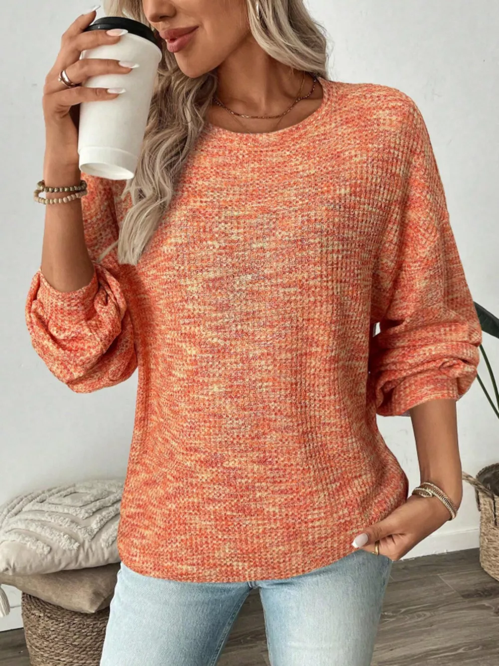 Space-Dyed Long Sleeve Waffle-Knit Top, image 16