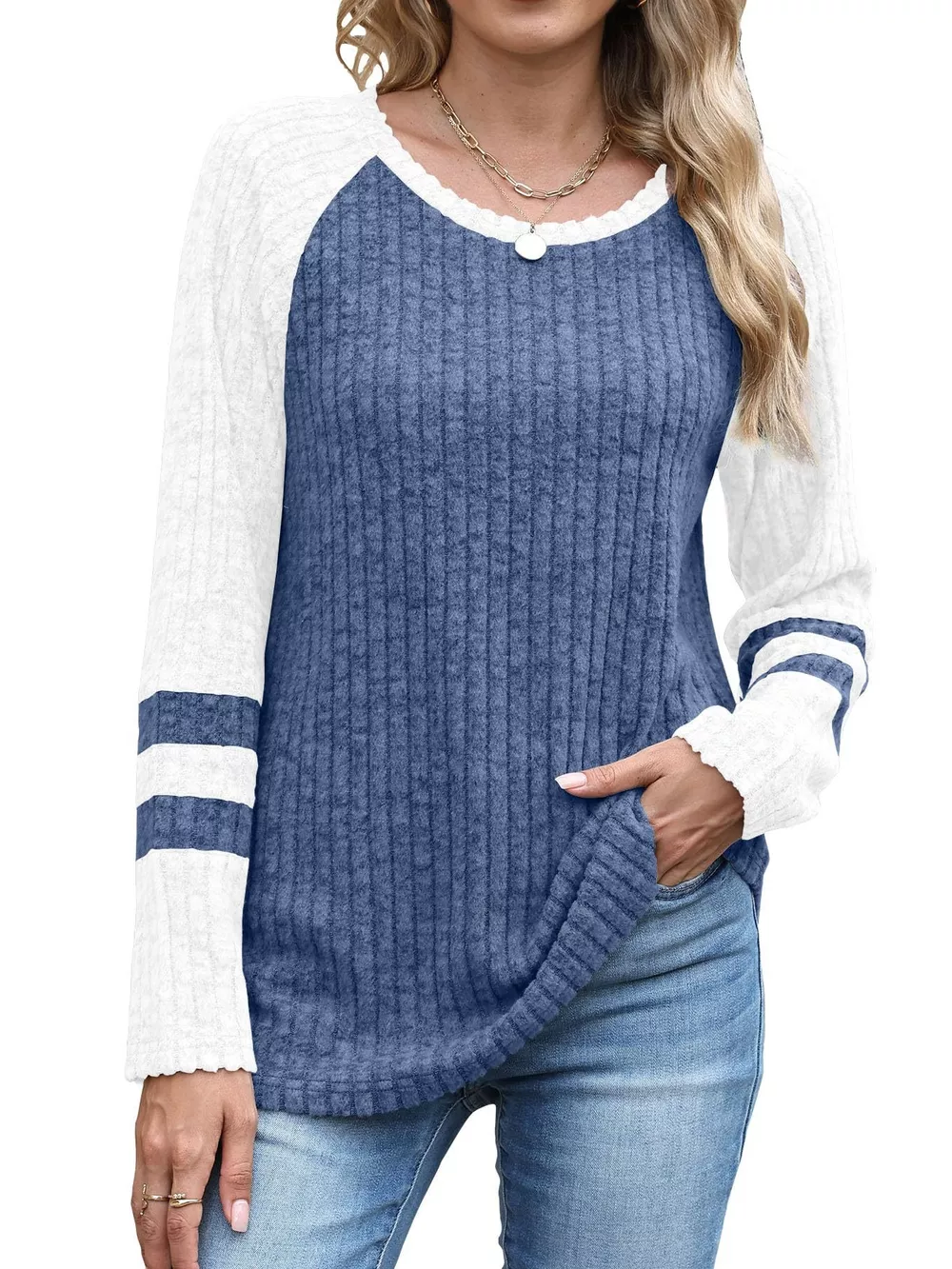 Ribbed Round Neck Raglan Sleeve Top, image 14