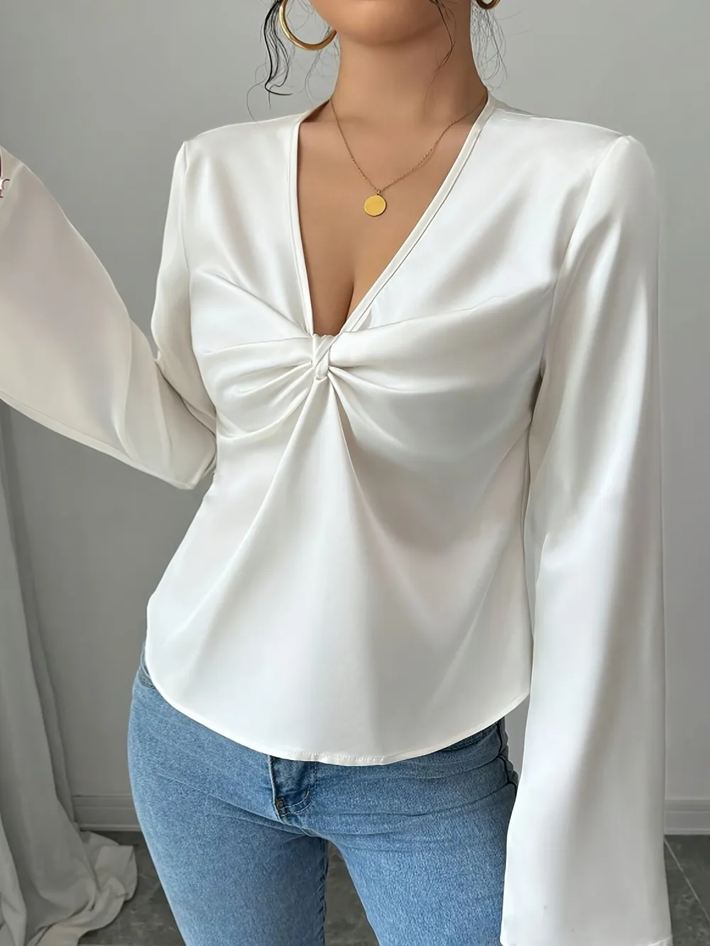 V-Neck Twist Front Long Sleeve Blouse, image 4