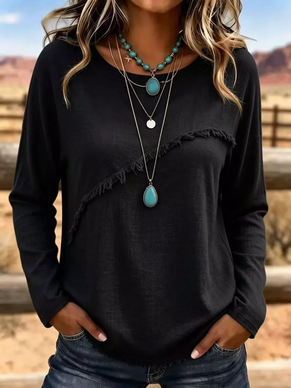 Full Size Fringe Detail Long Sleeve T-Shirt Plus Size, image 3