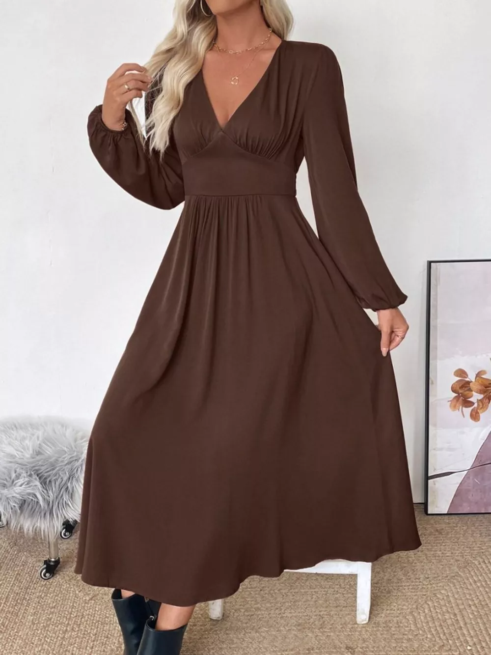 V-Neck Balloon Sleeve Midi Dress, image 9