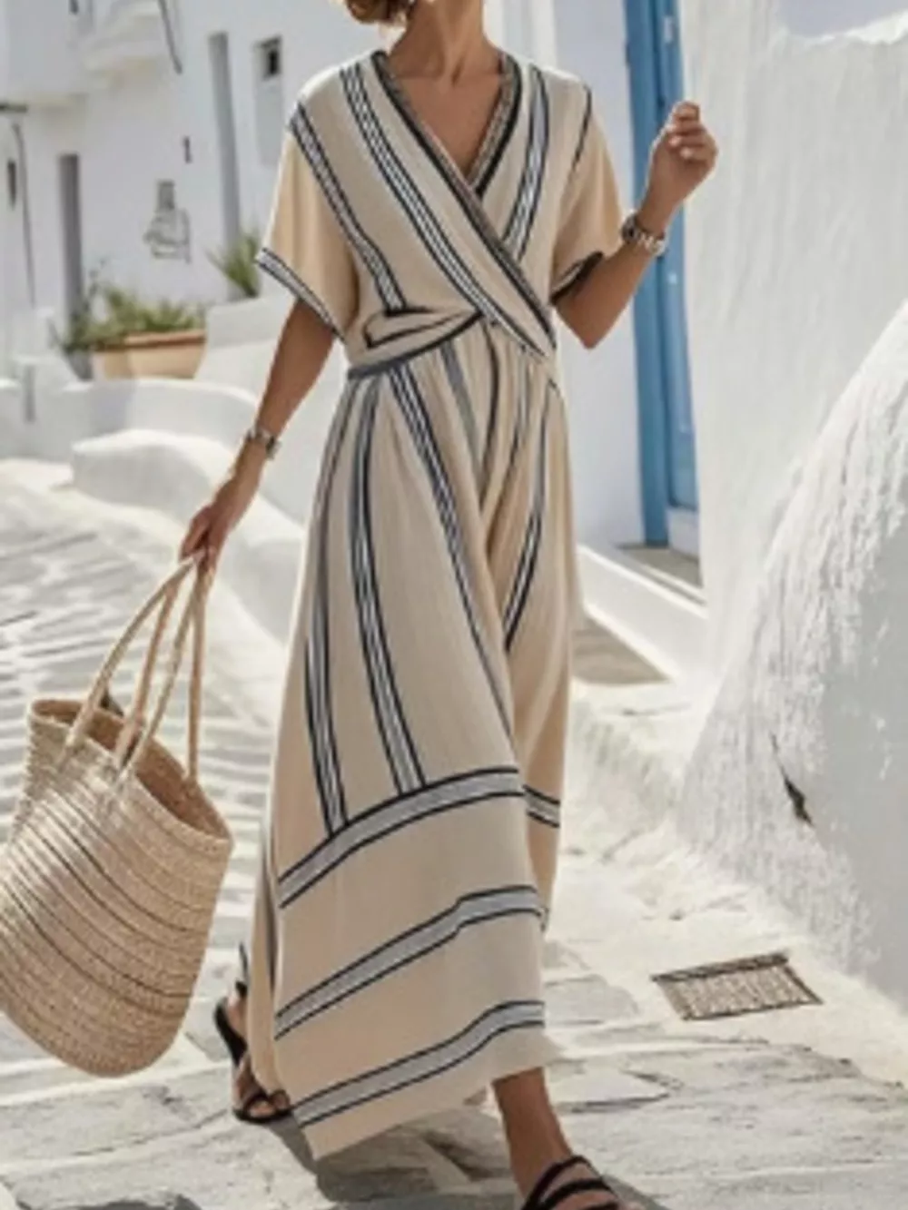 Full Size Striped Short Sleeve Wrap Maxi Dress Plus Size
