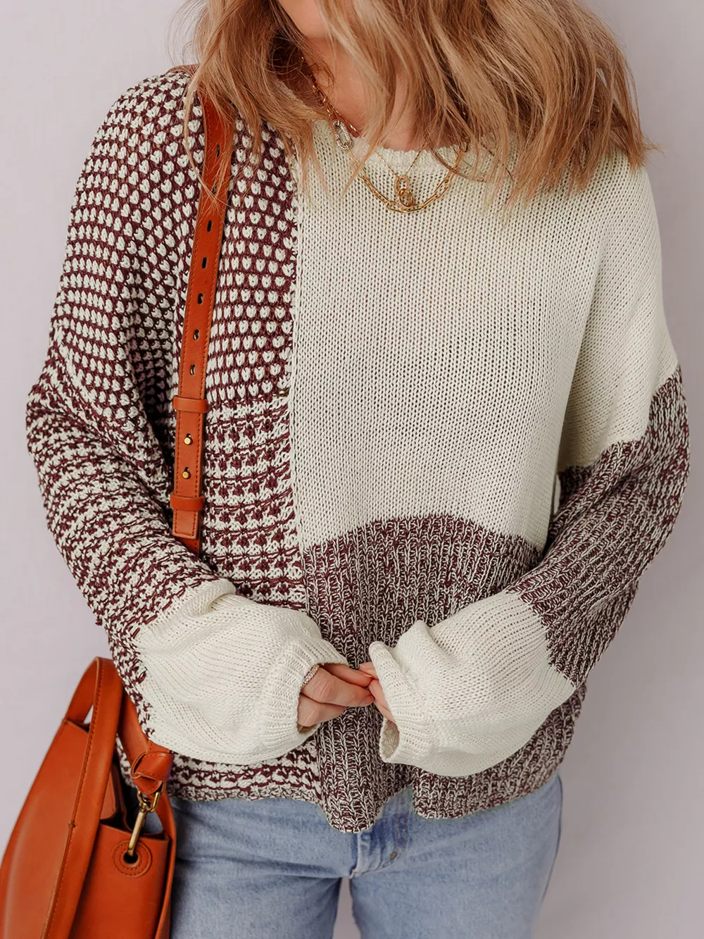 Color Block Back Tie Drop Shoulder Loose Sweater, image 5