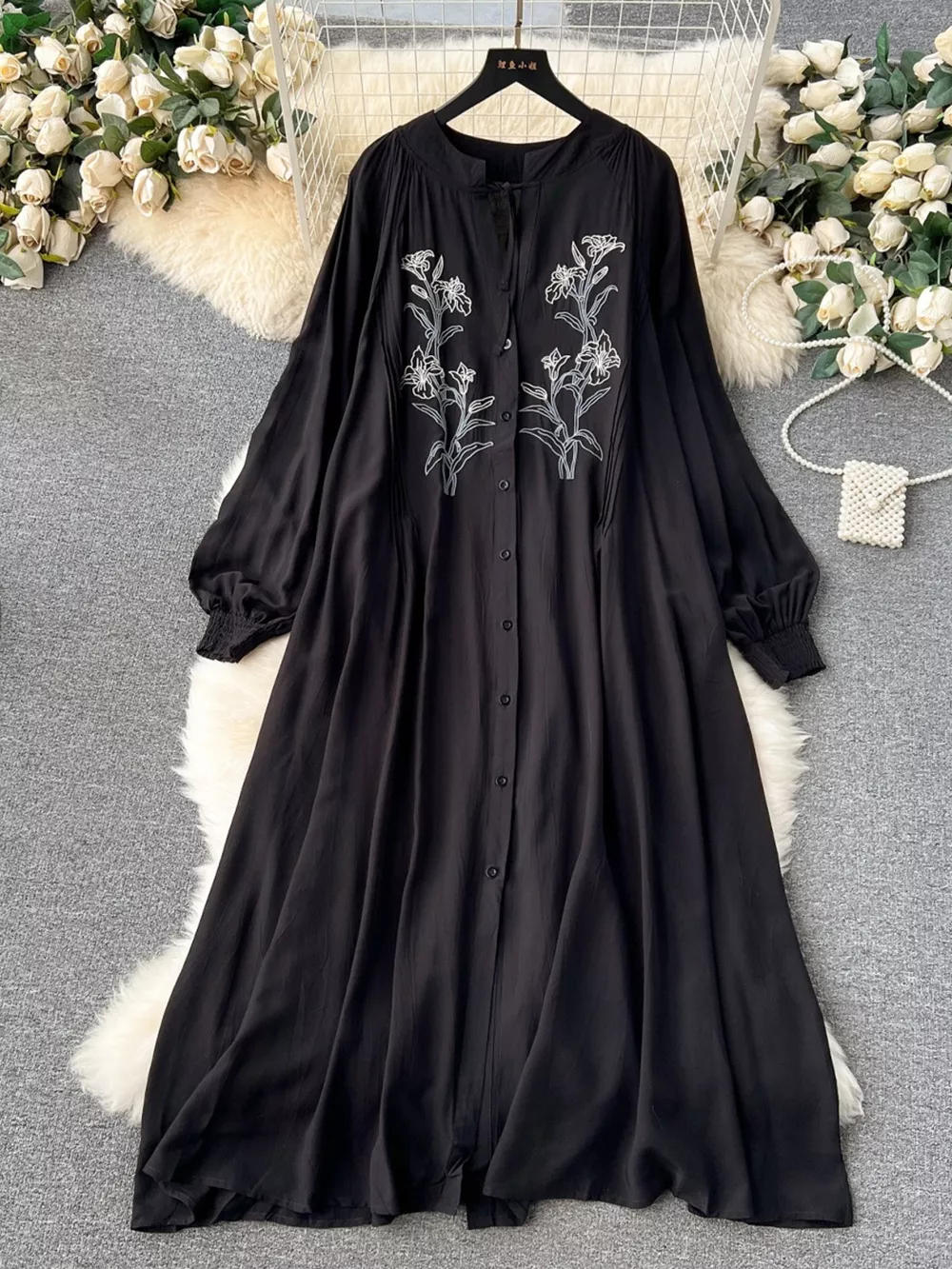 Floral Button Front Long Sleeve Dress, image 8