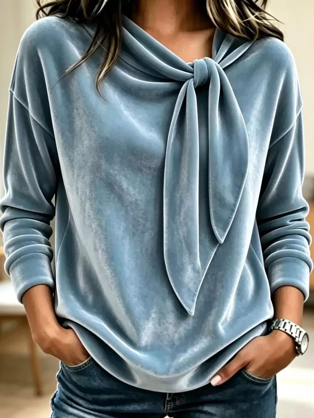 Velvet Tie Front Long Sleeve Sweatshirt, image 2