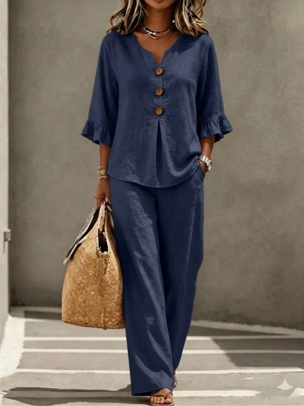 Full Size Decor Button Ruffled Top and Wide-Leg Pants Set Plus Size, image 2