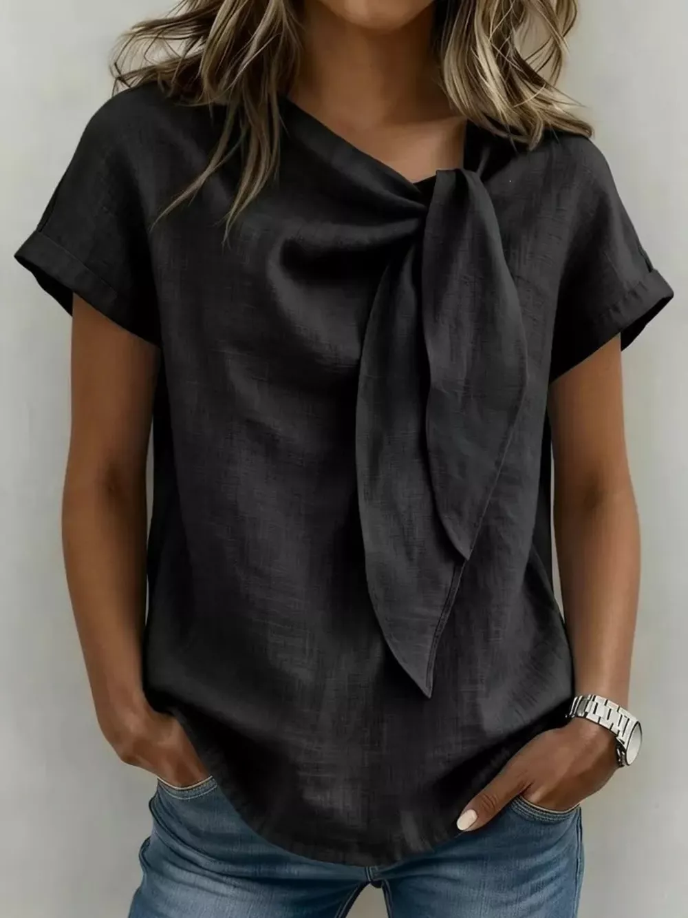 Full Size Bow Tie Neck Short Sleeve Blouse Plus Size