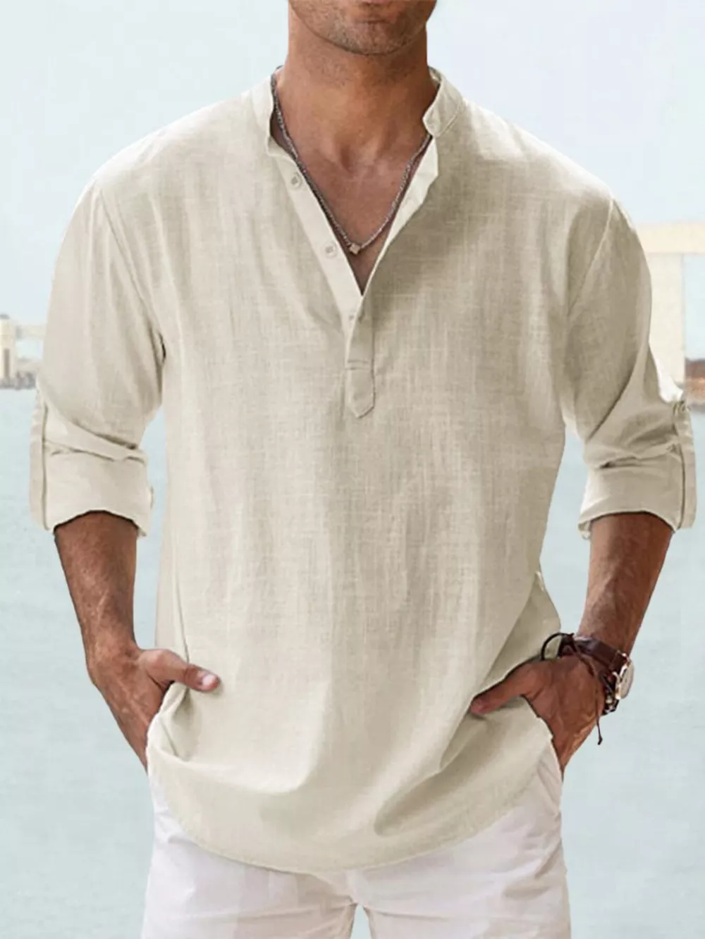 Men's Full Size Casual Button Detail Roll-Up Sleeve Blouse Plus Size, image 13