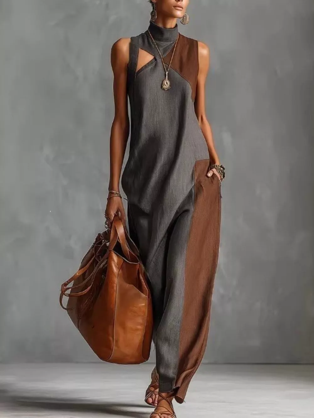 Full Size Color Block Mock Neck Sleeveless Maxi Dress Plus Size