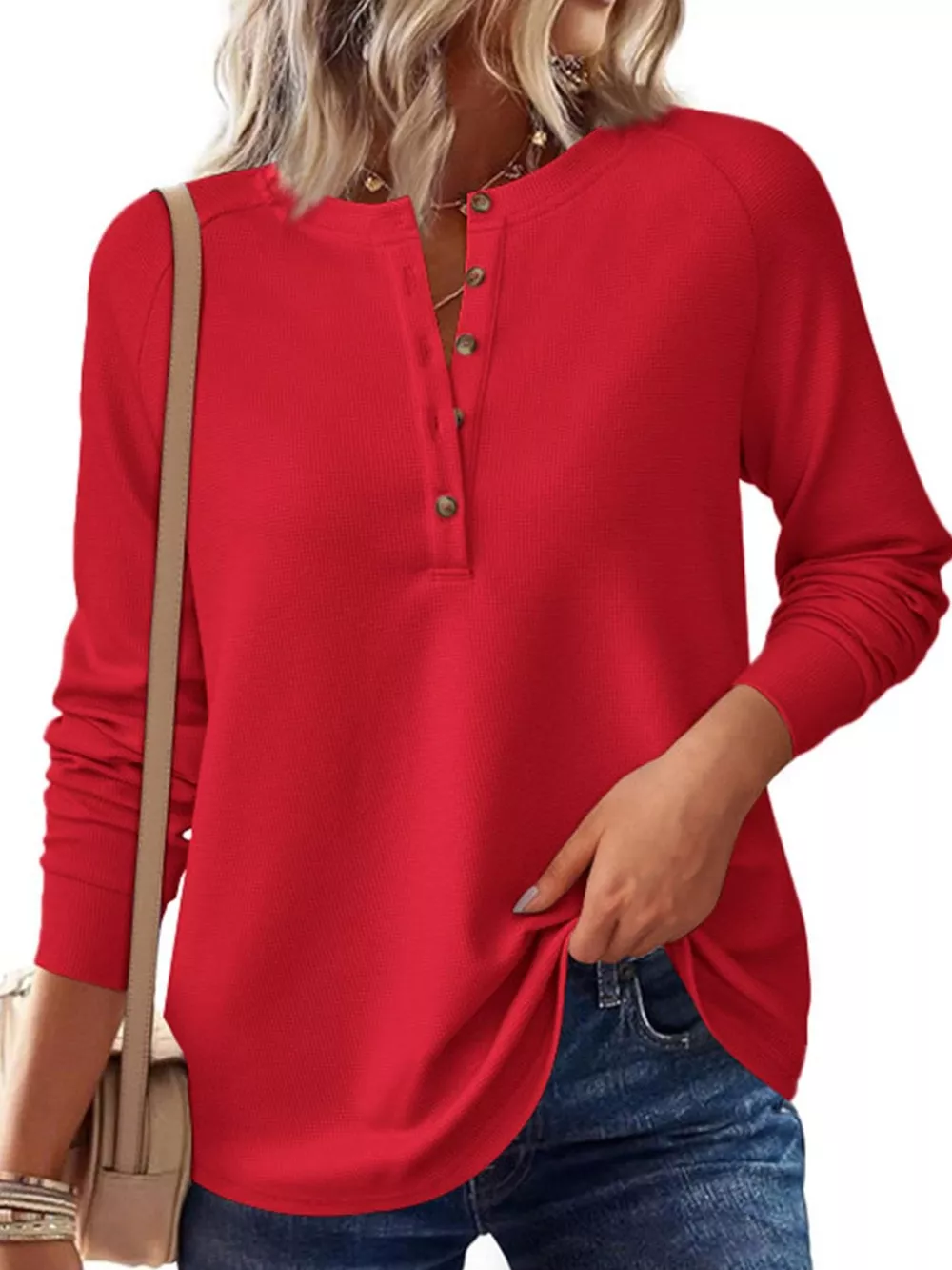 Waffle Knit Henley Long Sleeve T-Shirt, image 17