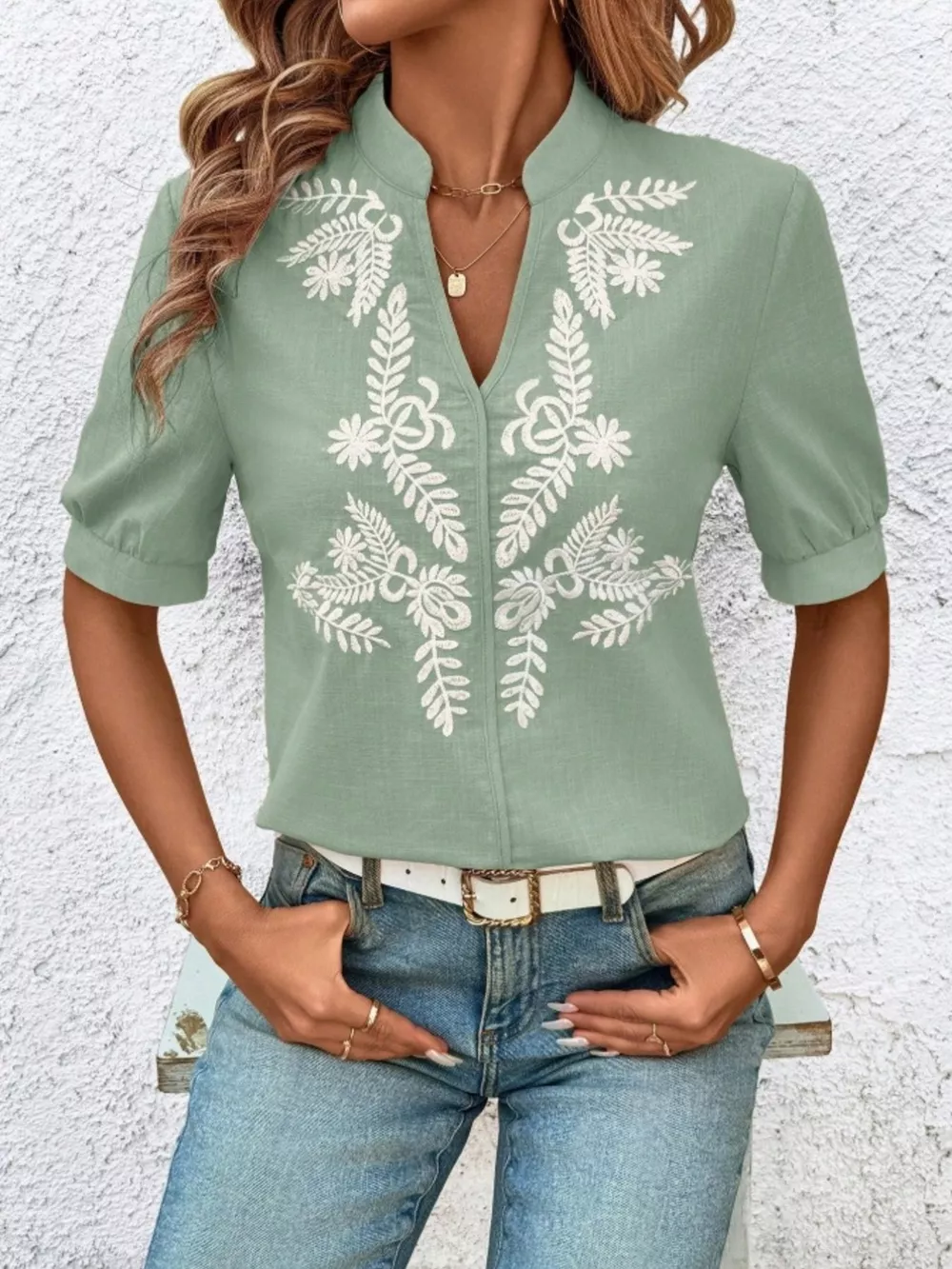 Embroidered Notched Short Sleeve Blouse, image 11