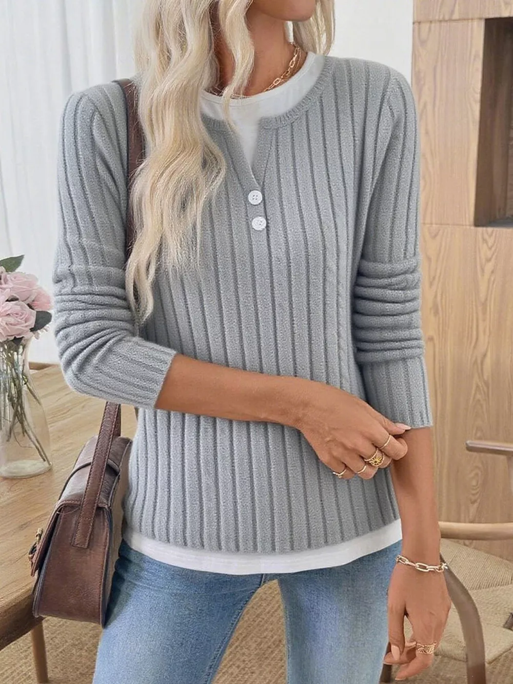 Ribbed Knit Button Detail Contrast Sweater, image 2